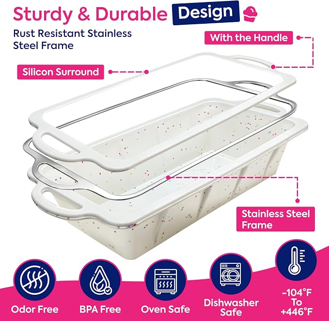 RICCLE Silicone Bread Loaf Pan – 2 Pack, 9.5x5 inch Silicone Molds for Baking with Metal Reinforced Frame - Non-Stick Banana Bread Loaf Pan & Silicone Baking Pan -for Baking Meatloaf