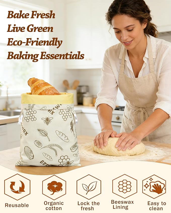 Reusable Lorine Beeswax Bread Bags For Homemade Bread & Sourdough Bread - 2 Packs 17x12 inch Organic Cotton Linen Bread Bag, Eco-Friendly Freshness Lock with Secure Buckle & Roll-Top Handle