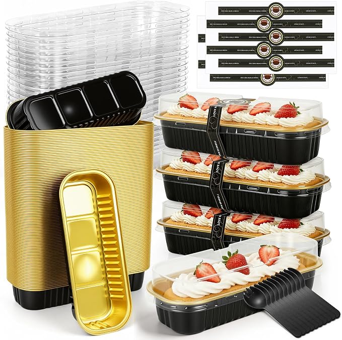 YQER 100 Pack Black Mini Cake Pans with Lids and Spoons, 6.8 oz Disposable Aluminum Foil Mini Loaf Pans with Stickers, Elegant Dessert Cake Tins Containers for Wedding, Parties, Bake Sales and Gifts