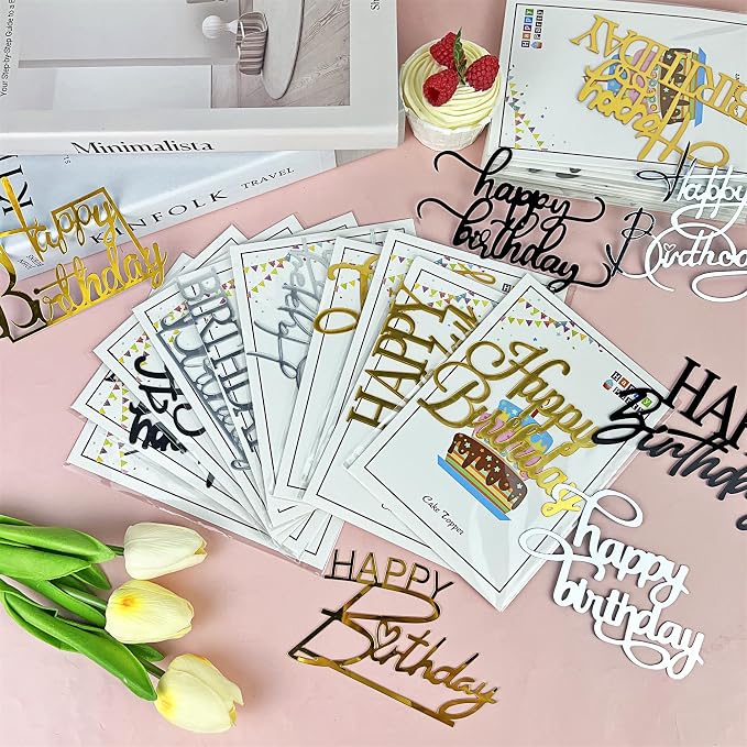24 PCS Acrylic Cupcake Toppers 8 Styles Happy Birthday Cake Topper Engraved Cake Picks for DIY Party Decoration (Black Gold Silver, 12style 36pcs)