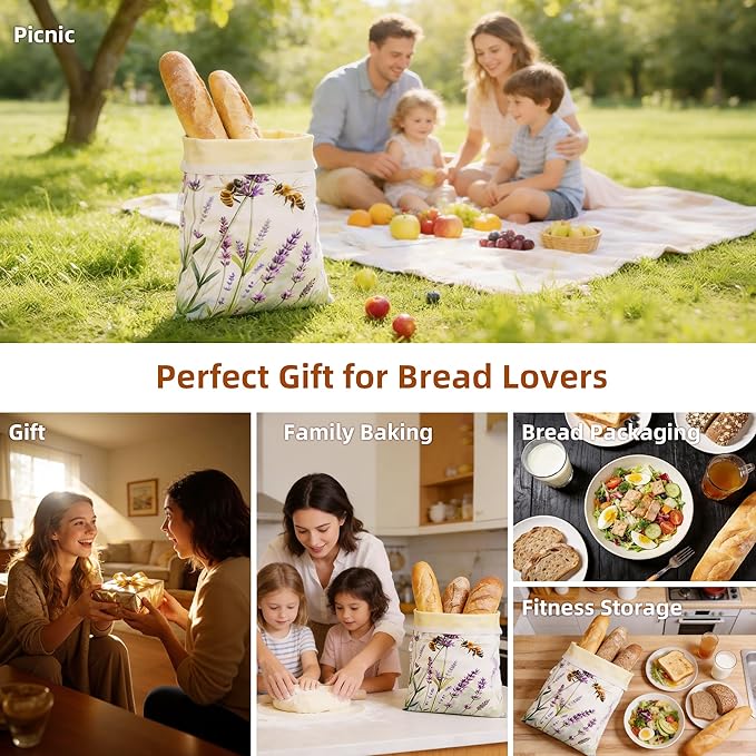 Beeswax Bread Bag for Sourdough & Homemade Bread – 2 Pack Reusable Organic Cotton Wax Bread Bags, Large Food Storage Bag for Baguettes, Bakery Loaves.