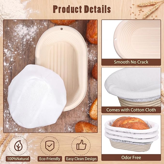 Baderke 4 Pack Banneton Bread Proofing Basket Set 10 Inch Wood Pulp Sourdough Proofing Basket Non Stick Sourdough Banneton Bowl and Liners for Bread Baking Supplies(Beige,Oval)