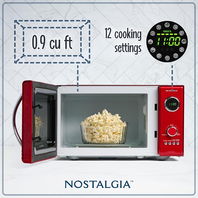 Nostalgia Retro Countertop Microwave Oven - Large 800-Watt - 0.9 cu ft - 12 Pre-Programmed Cooking Settings - Digital Clock - Kitchen Appliances - Metallic Red