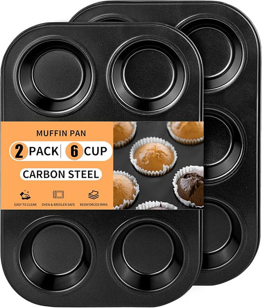 2 Pack 6-Cup Muffin Pan, Heavy-Duty Carbon Steel Nonstick Cupcake Baking Pan, 2.56” Standard Size Cups, Compact 10.43” x 7.28” Design, Oven & Dishwasher Safe (Black)