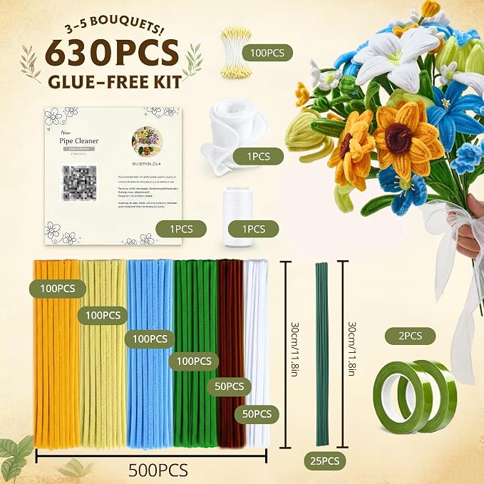 LENYNAL 500 Pcs Pastel Pipe Cleaners Bulk Craft, Orange Pipe Cleaner Flower Kit, Glue-Free & Safe for Kids, Step-by-Step Tutorial, 6 Colors Chenille Stems for Flower Making