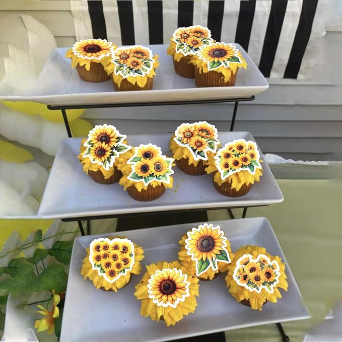 63 PCS Edible Sunflower Cupcake Toppers Wafer Paper Flower Party Cake Toppers Decorations Edible Sunflower Cupcake Picks for Baby Shower Wedding Birthday Party Cake Decorations Supplies