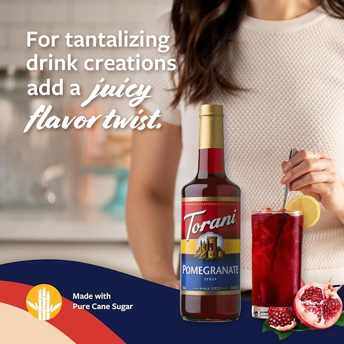 Torani Pomegranate Syrup for Drinks, Flavoring for Iced Tea, Lemonade, Sodas, and Cocktails, Glass Bottle with Pump Included, 25.4 Fl Oz