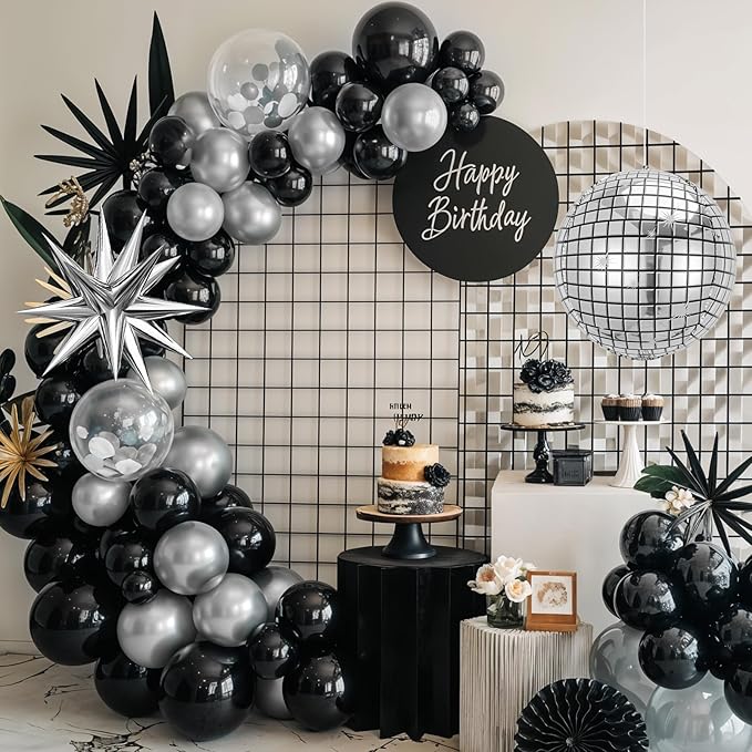 Black Silver Disco Ball Balloons Arch Kit, Black Silver Clear Balloons Garland with Large Disco Balls and Explosion Star Foil Balloons, for Disco Dance Diamond Birthday Graduation New Year Decoration