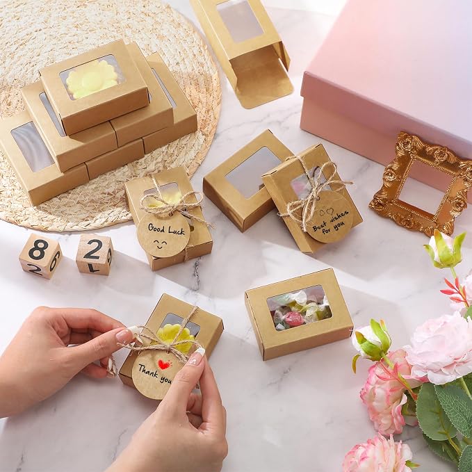 Zhanmai 100 Set Brown Small Soap Boxes for Homemade Soap, 3.35 x 2.36 x 1.2 Inch Paper Packaging Boxes with Window, with 100 Tag and Twine, Gift Wrapping Supplies for Bakery Candy Cookies Party Favors