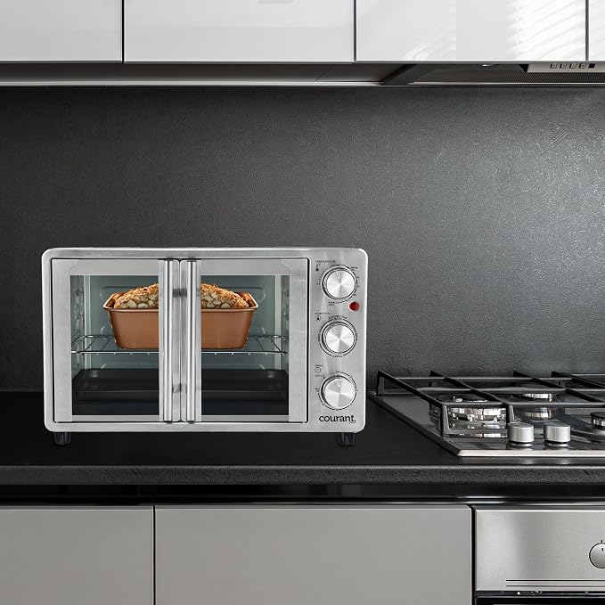 Courant French Door Convection Toaster Oven & Broiler, Bake Broil Toast Oven, Fits 9x13’’ Aluminum Baking Pan, 6-Slices, 10’’ Pizza, Convection Oven - Stainless Steel