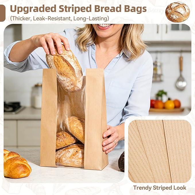 Funcoo 30 pcs Bread Bags for Homemade Bread Paper Sourdough Bread Bakery Storage Bags with Window, Large Bakery Bread Loaf Bags for Baked Goods Packaging, Label Seal sticker included