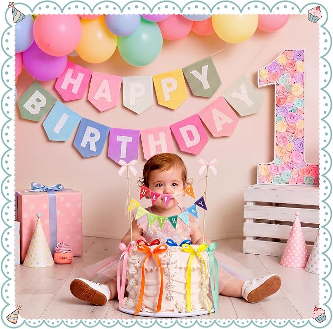 Honeydak Colorful 11 Pcs Bow Ribbon Cake Topper Happy Birthday Cake Bunting Topper with Wood Pole Handmade Pennant Flags with Bows Ribbon for Birthday, Bridal Party Decoration