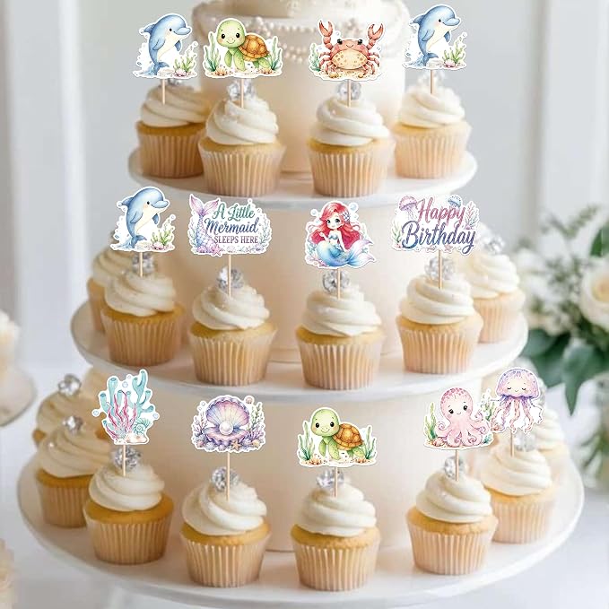 40 PCS Mermaid Cupcake Toppers Ocean Animal Cake Decorations Turtles Octopus Seashell Crab Fish Cupcake Picks Mermaid Birthday Decorations for Under the Sea Theme Baby Shower Birthday Party Supplies