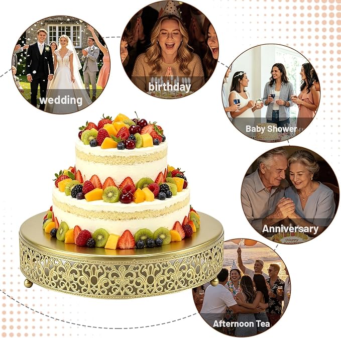 12 Inch Luxury Light Gold Cake Stand, Round Metal Dessert Display with Ornate Filigree Lace, Dual-Coated Premium Finish for Wedding, Anniversary & Elegant Home Decor