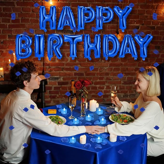Blue Happy Birthday Balloons Decorations Happy Birthday Letter Balloons Banner Set with 24pcs Heart Flameless LED Candles and 2000pcs Artificial Rose Petals for Women Men Room Party Decor