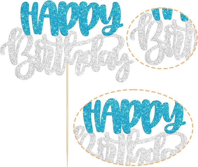 Gyufise 1Pcs Happy Birthday Cake Topper Glitter Happy Birthday Cake Pick for Winter Wonderland Wedding Anniversary Theme Party Cake Decorations Supplies Blue Silver