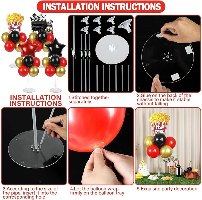 4 Sets Movie Night Party Balloons Stand Kit with Popcorn Clapboard Star Foil Balloons Red Black Gold Themed Party Balloon Centerpiece for Tables for Birthday Camera Film Party Movie Themed Decorations