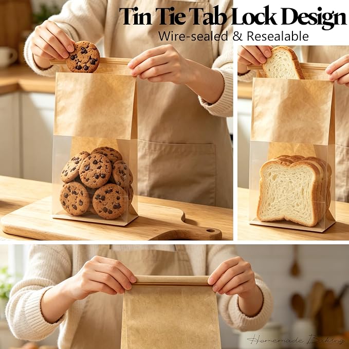 Cookie Bakery Bags with Window Small Bread Baked Goods Packaging Tin Tie Tab Closure for Candies, Treats, Snack - Brown Kraft Paper 45 Pcs 11x5.1x3.9 Inch