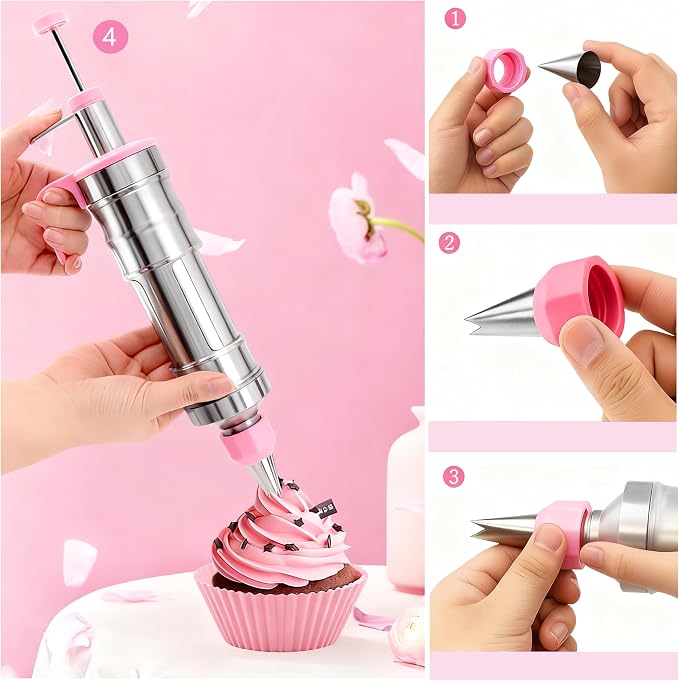 Gawren-H&E 208 PCS Cake Decorating Kit,Baking Supplies with Dessert Decorating Syringe Set,Storage Case,Icing Piping Bags and Tips Set,Frosting Fondant Bakery Set for Adults Beginners(Light Pink)