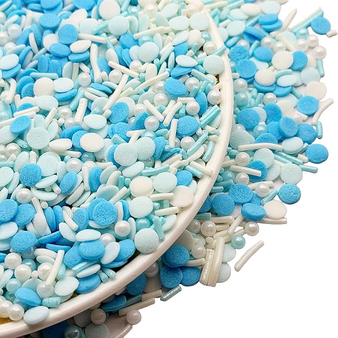 SE Si&Moos Baby Blue and White Sprinkles 3 OZ Blue and White Edible Pearls for Cake Decorating Edible Pearls and Sequins Sprinkles Mix for Baby Shower Wedding Halloween Christmas Cookie Decorations