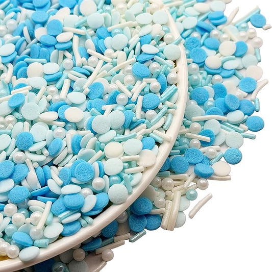SE Si&Moos Baby Blue and White Sprinkles 3 OZ Blue and White Edible Pearls for Cake Decorating Edible Pearls and Sequins Sprinkles Mix for Baby Shower Wedding Halloween Christmas Cookie Decorations