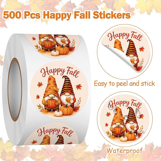 Louise Maelys 500 Pcs Happy Fall Stickers 1.5Inch Autumn Sticker Roll | Gift Wrapping, Thanksgiving Decor, Envelope Seals, Cards, DIY Crafts，Waterproof,Easy to Peel and Stick