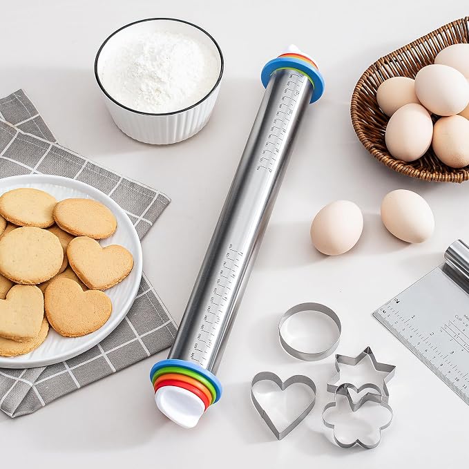 Adjustable Rolling Pin Set with Thickness Rings Cookie Cutters Dough Scraper Food Grade Stainless Steel Precise Dough Roller Handle Press Design for Baking Fondant Pizza Pie Pastry Pasta Cookies
