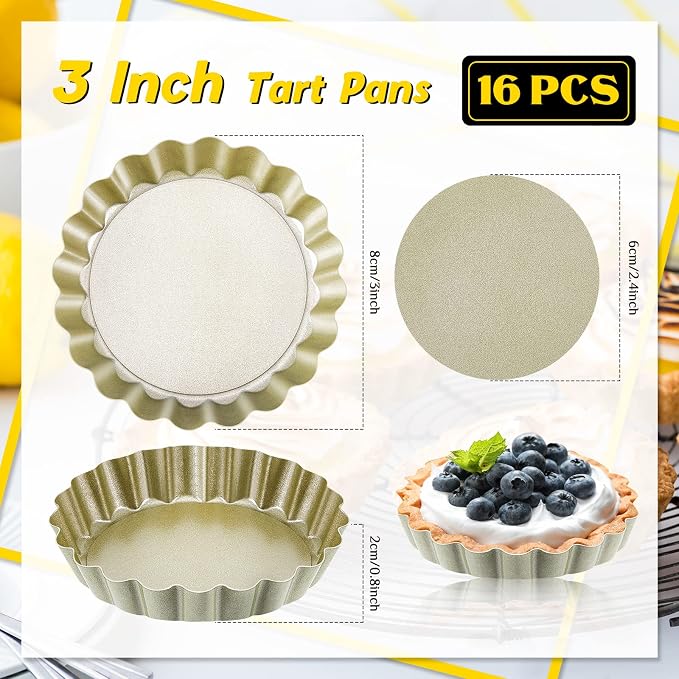 Tessco for you 16 Pcs Mini Tart Pans for Baking, 4 Inch Quiche Pans with Removable Bottom, Nonstick Egg Tartlets Molds Fluted Side Bakeware for Pie Fruit Tart Cheesecake Dessert (Gold Round)