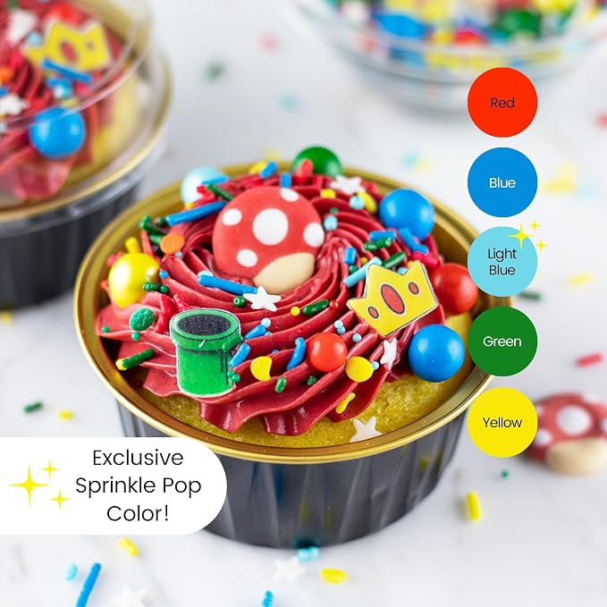Sprinkle Pop Gamer Sprinkle Mix| Red Green Blue Yellow Sprinkles with ~20 Italian Plumber Pipes Crowns & Mushrooms| It's Me Sprinkles Made in USA for Decorating Boys Girls Birthday Cakes Cupcakes, 4oz