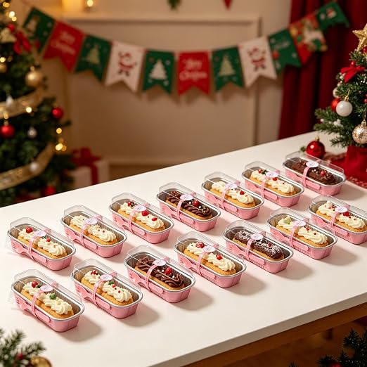 NPLUX Mini Cake Pans with Lids, Spoons and Stickers, 200 Pack 6.8 oz Pink Disposable Aluminum Foil Baking Pans, Rectangular Mini Loaf Containers for Brownies, Cheesecake, Banana Bread and Bake Sale