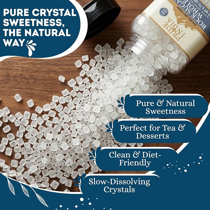 Pride Of India - Natural Crystal Rock Sugar Whole - 12 oz (340 gm) Medium Dual Sifter Jar - Authentic Indian Sugar Crystals - Used to Sweeten Milk or Tea - Offers Best Value for Money