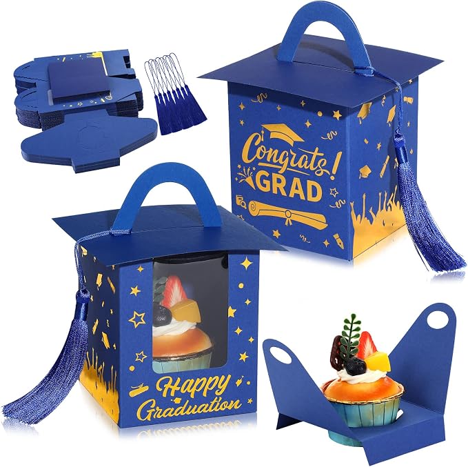 Outus 30 Pcs Graduation Cupcake Boxes Graduation Gift Box Congrats Grad Cupcake Container Candy Boxes with Window and Tassel for 2026 College High School Grad Party(Blue)