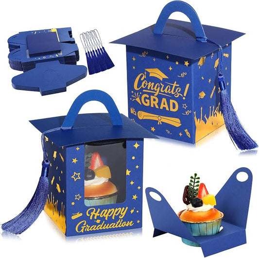 Outus 30 Pcs Graduation Cupcake Boxes Graduation Gift Box Congrats Grad Cupcake Container Candy Boxes with Window and Tassel for 2026 College High School Grad Party(Blue)