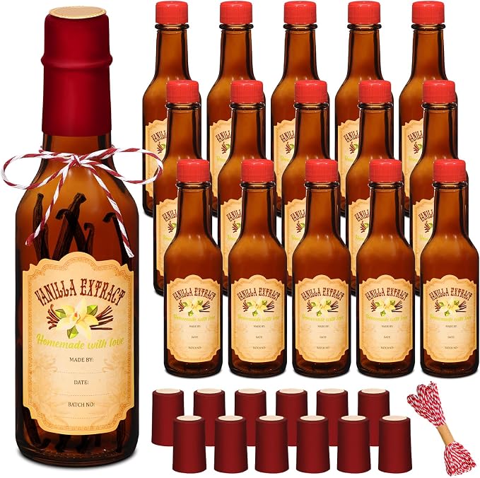 Tioncy 16 Pcs Vanilla Extract Bottles for Homemade Vanilla Jar Glass Bottle with Cap, Shrink Band, Sticker Syrup Gift Food Storage Canister for Bean Sauce Spice (Red, Brown,5 oz)