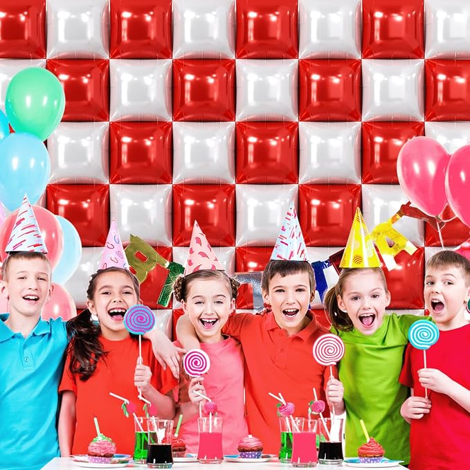 NISOCY 48PCS Red White Square Foil Balloons Wall Backdrop Double Sided Red Pearl White Balloons Arch Kit for Birthday Wedding Bridal Shower Valentine Anniversary Party Decorations