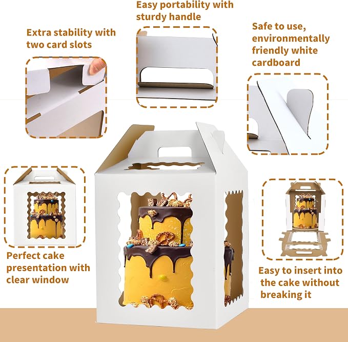 12inch Tall Cake Boxes 6 Windows with handle,12x12x12 Tiered Cake Box, Square cake carrier,largeTake Out Transport Containers Ideal for 10" & 12" Tiered Cakes (3Pack-White)
