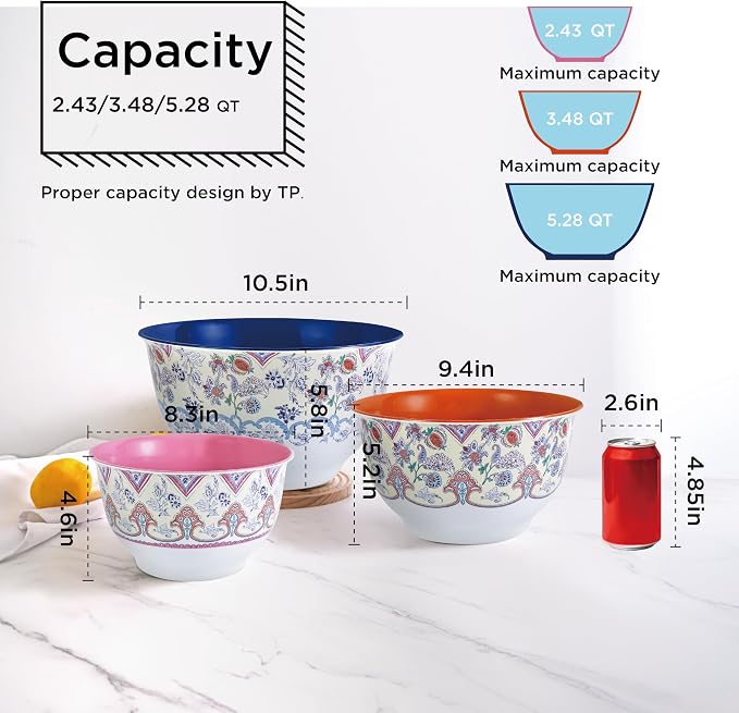 TP Mixing Bowl Set with Lids, 6-Piece Melamine Nesting Bowls Set for Pasta Baking Salad Mixing, Set of 3, Ottoman Floral