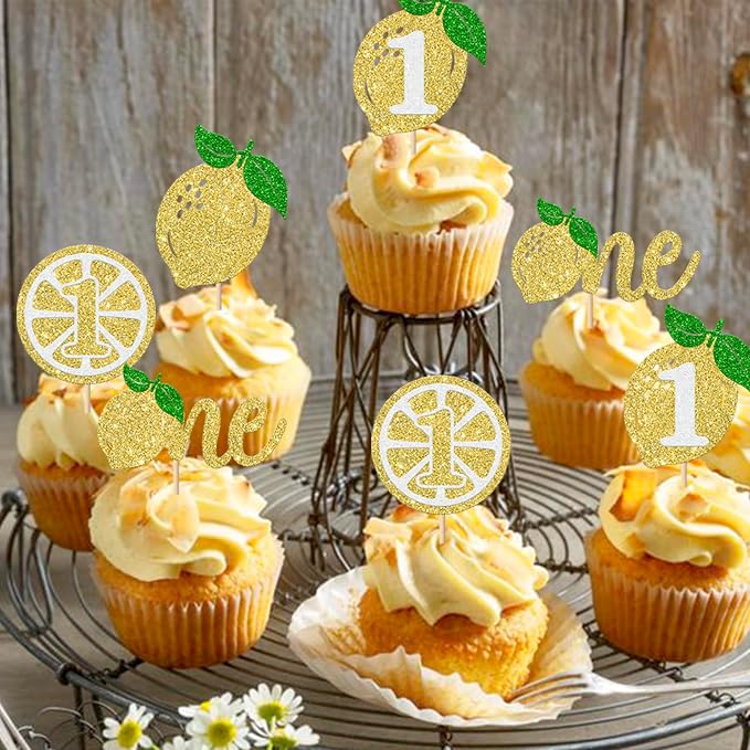 Rsstarxi 24 Pack Lemon One Cupcake Toppers Glitter Happy 1st Birthday Cupcake Picks for Baby Shower Happy First Birthday Party Cake Decorations Supplies
