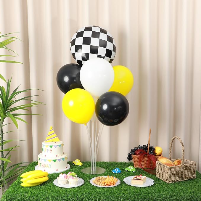 4 Sets Smile Party Balloons Stand Kit with Black White Checkered Foil Balloons Yellow Smile Face Themed Birthday Balloon Centerpiece for Tables for Girls Boys Birthday Baby Shower Party Decoration