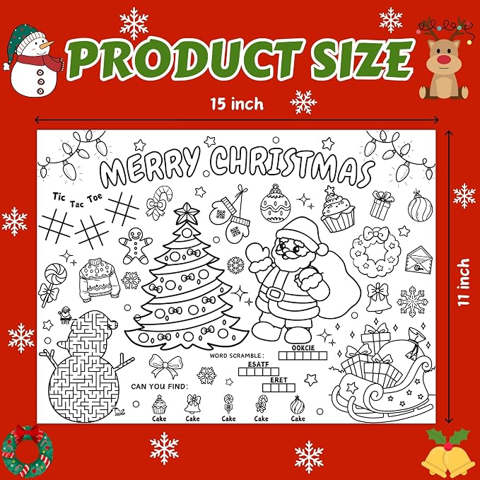 45pcs Christmas Disposable Coloring Placemats Xmas Crafts for Kids Christmas Party Favors Coloring Poster Holiday Party Supplies School Classroom Activities Paper Table Mats