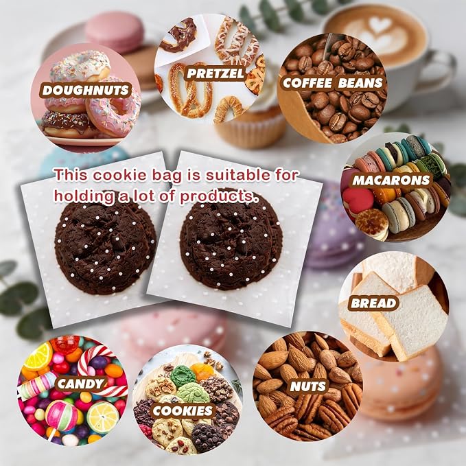 200Pcs White Polka Dot Cookie Bags, Self Sealing Cellophane Bags for Homemade Cookies, Clear Treat Bags with Self Adhesive Seal for Baking, Party Favors and Gift Giving (5.9x5.9 Inches)
