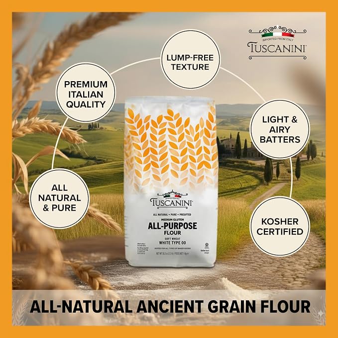 Tuscanini Italian Pizza Flour, Soft White Wheat Double Zero 00 Flour, 2.2 lb | For Pizza Baking, Pastries & Bread | Insect Free | All Natural, Pure, Presifted | Kosher