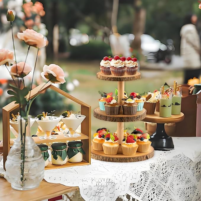 Rustic 3-Tier Wooden Cupcake Stand & Cake Tower – Natural Paulownia Wood Tiered Display for Weddings, Parties, Baby Showers, Holidays (Farmhouse Décor, Handcrafted Bark Design)