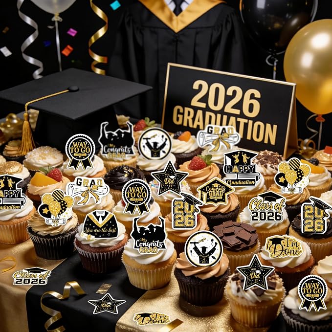 48pcs Edible 2026 Graduation Cupcake Toppers Wafer Paper Gold Class of 2026 Cake Decorations Edible Congrats Grad Cupcake Picks for 2026 Graduation Theme Party Cake Supplies
