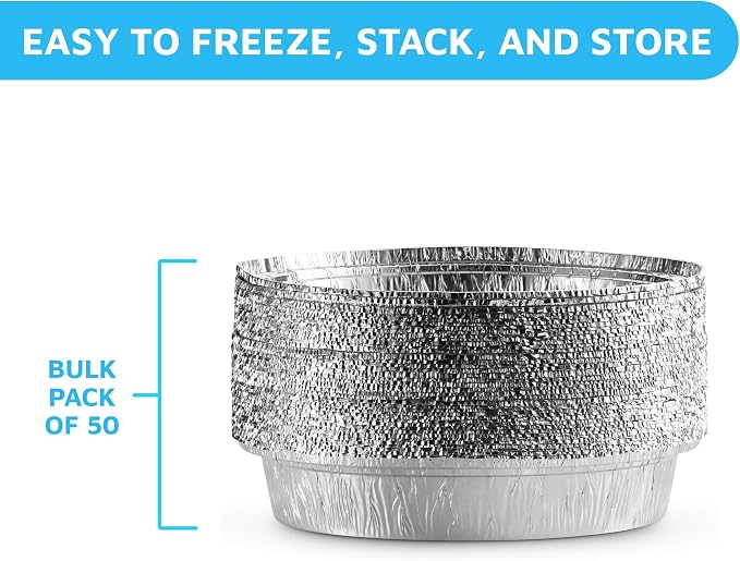 MontoPack 9” Round Aluminum Foil Pans | Disposable Containers with Straight Walls for Storing, Serving, Baking & Reheating | Freezer and Oven Safe, Recyclable, USA-Made | 50-Pack of Tins for Meal Prep