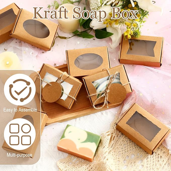 Yexiya 60 Pcs Homemade Soap Boxes 3.55 x 2.4 x 1.2 Inch Kraft Soap Box with Window Mini Gift Packaging Supplies for Homemade Bakery Candy Cookies Party Favor(Kraft Color)