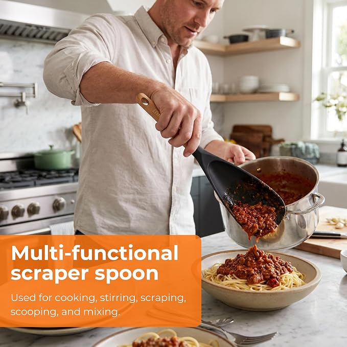 13" & 11" Silicone Cooking Spoons 2-Pack with S-Hooks - Wooden Handle Spoonula Set for Nonstick Cookware - Heat Resistant 446°F Spatula Spoon for Mixing & Serving, BPA Free（Black）