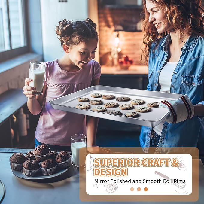 Stainless Steel Baking Sheet Set of 2, Deedro Cookie Sheet Metal Baking Pan Oven Tray, Non Toxic & Heavy Duty, Rust Free & Mirror Finish, Easy Clean & Dishwasher Safe, 17.3 x 12.3 x 1 Inch