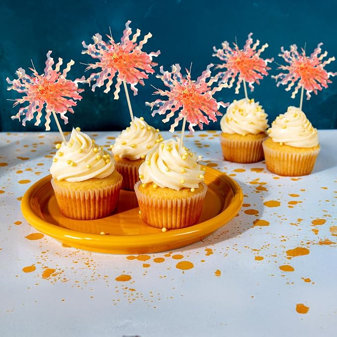 Gyufise 30Pcs Foil Firework Cupcake Toppers Sparkle Tinsel Cake Toppers Tinsel Drink Cake Decoration Cocktail Picks for Birthday Wedding Graduation Party Supplies Orange