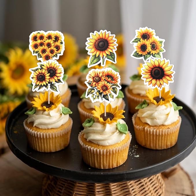 36 Pack Sunflower Cupcake Topper Double Sided Sunflower Cupcake Picks Decoration for Spring Summer Flower Theme Baby Shower Wedding Birthday Party Cake Decorations Supplies